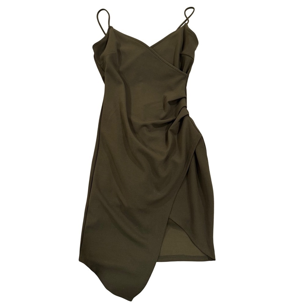 Mind Code Wrap Dress Womens S Olive Green Excellent Ruched Asymmetrical Mini - Picture 3 of 8